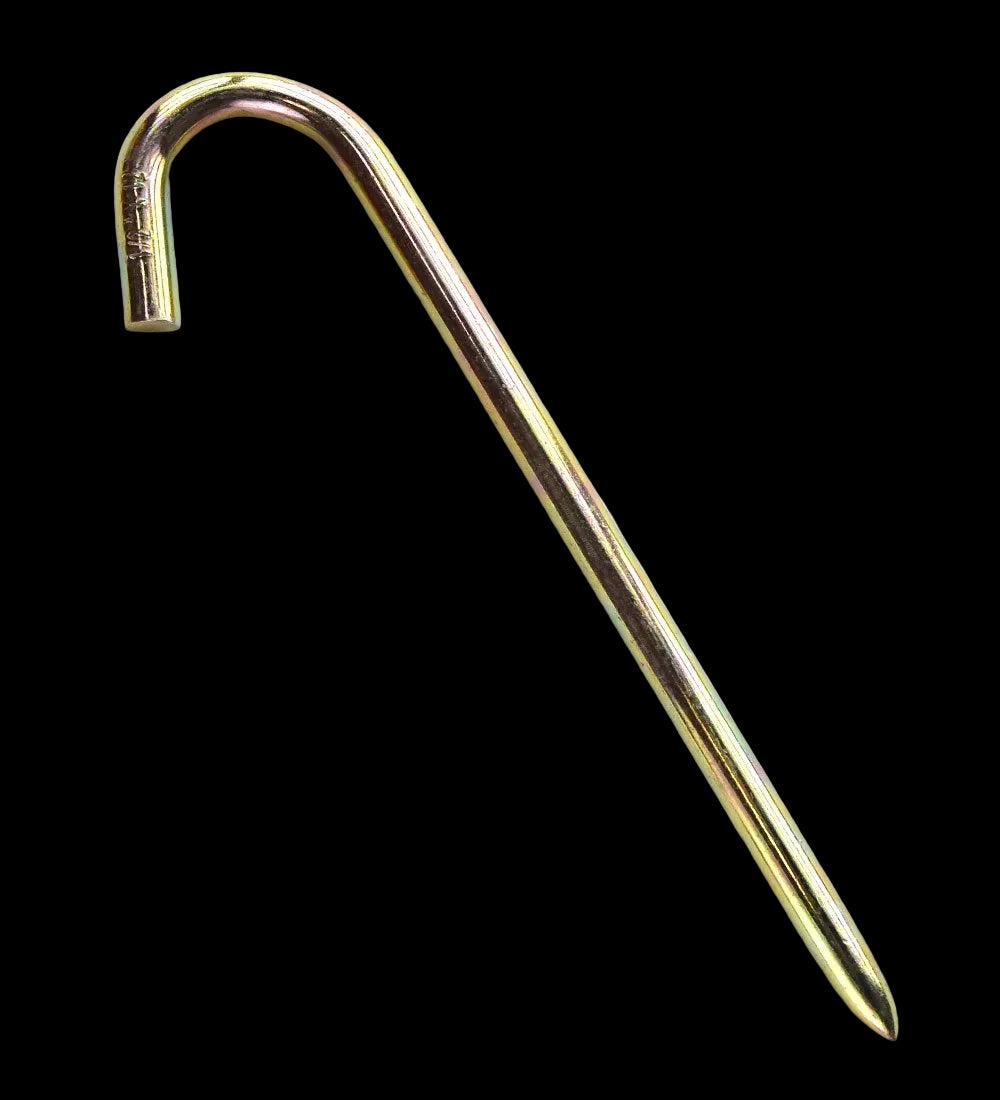Metal shelter stake with curved hook on a white background