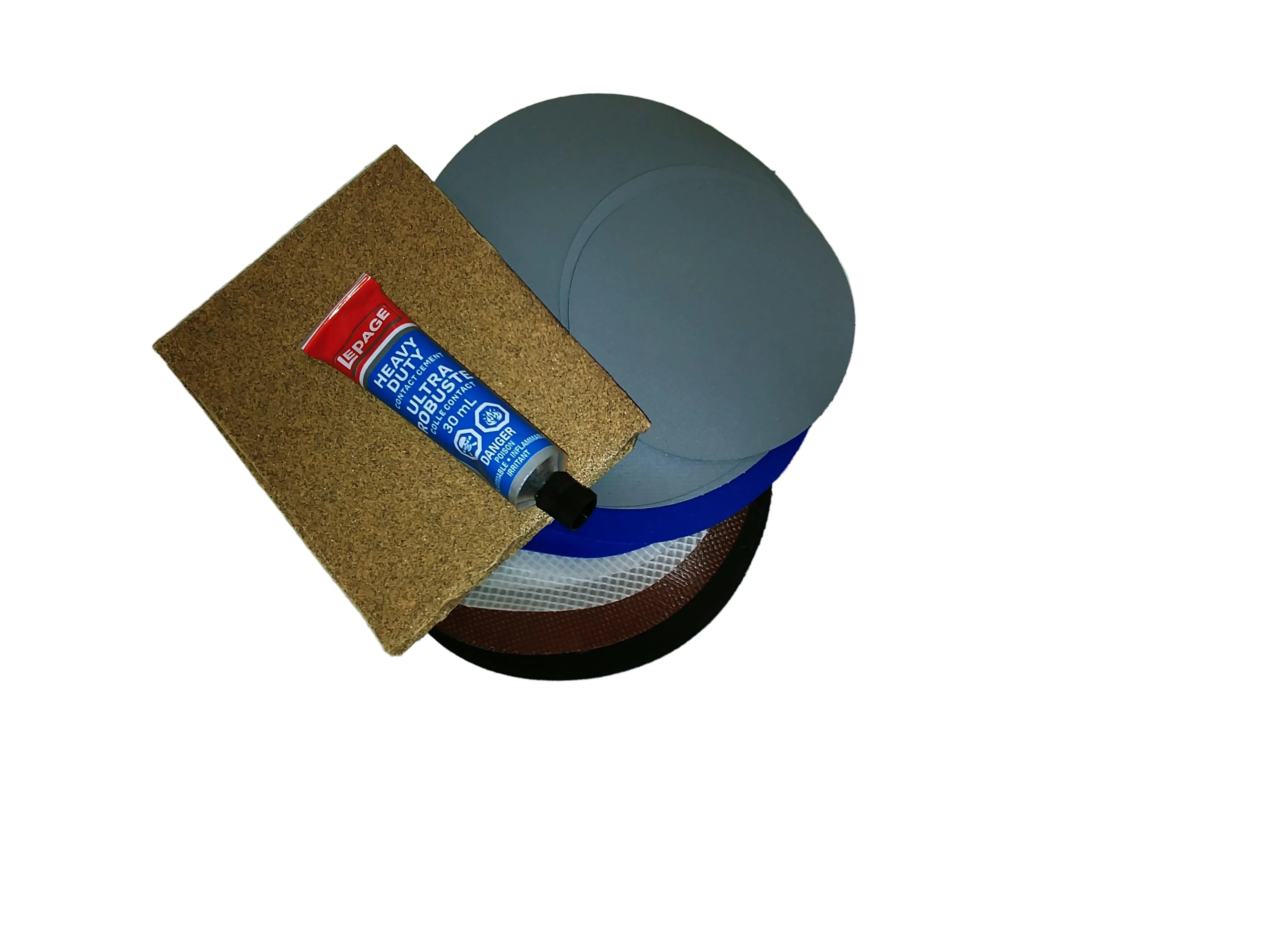 A repair kit for inflatable shelters, including a tube of bonding agent, abrasion paper, and various patches.