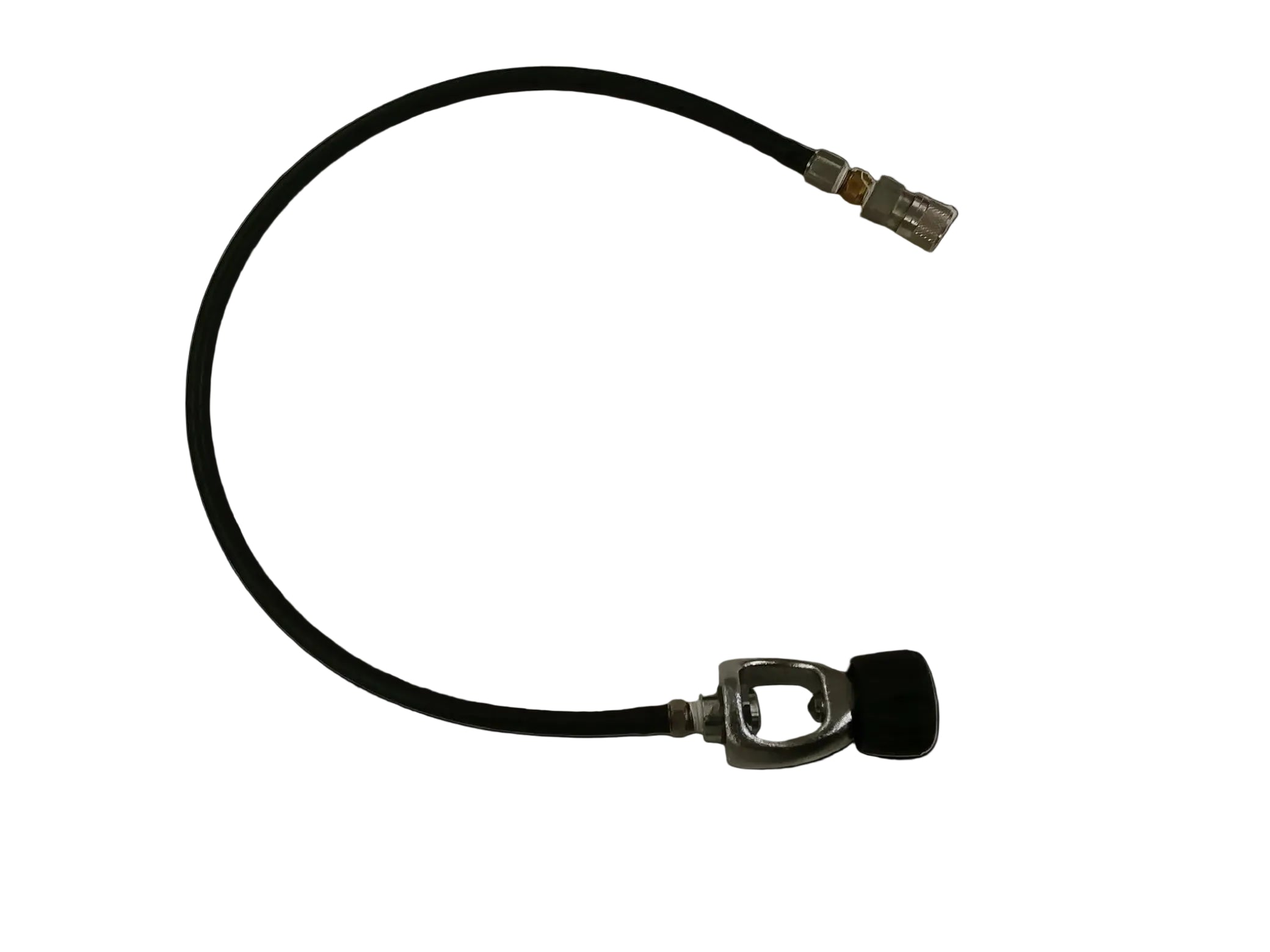 A black inflatable shelter system hose assembly with a metallic connector on one end and a valve on the other.