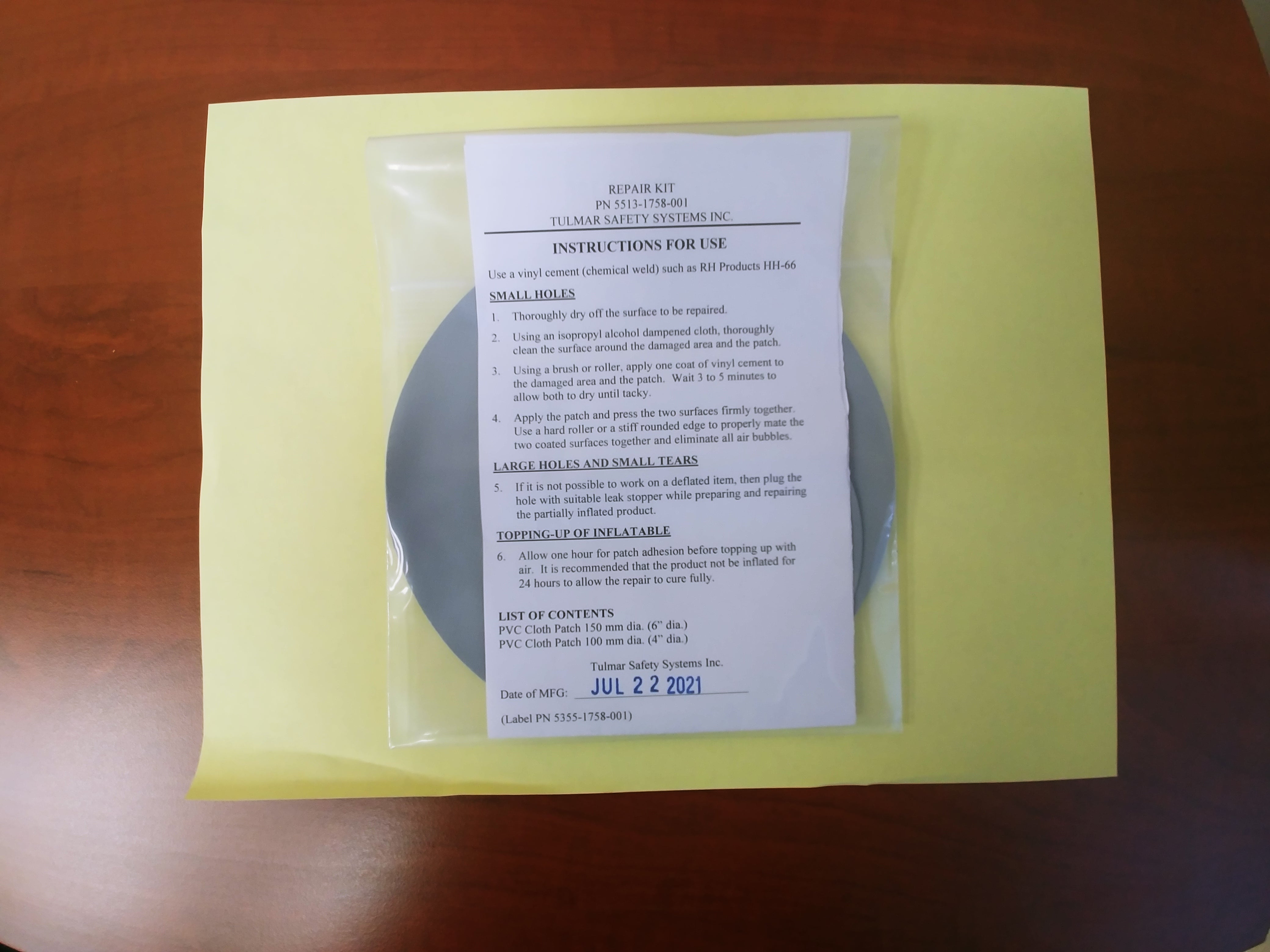 Evacuation Dry Training Slide Repair Kit - P/N 5513-1758-001